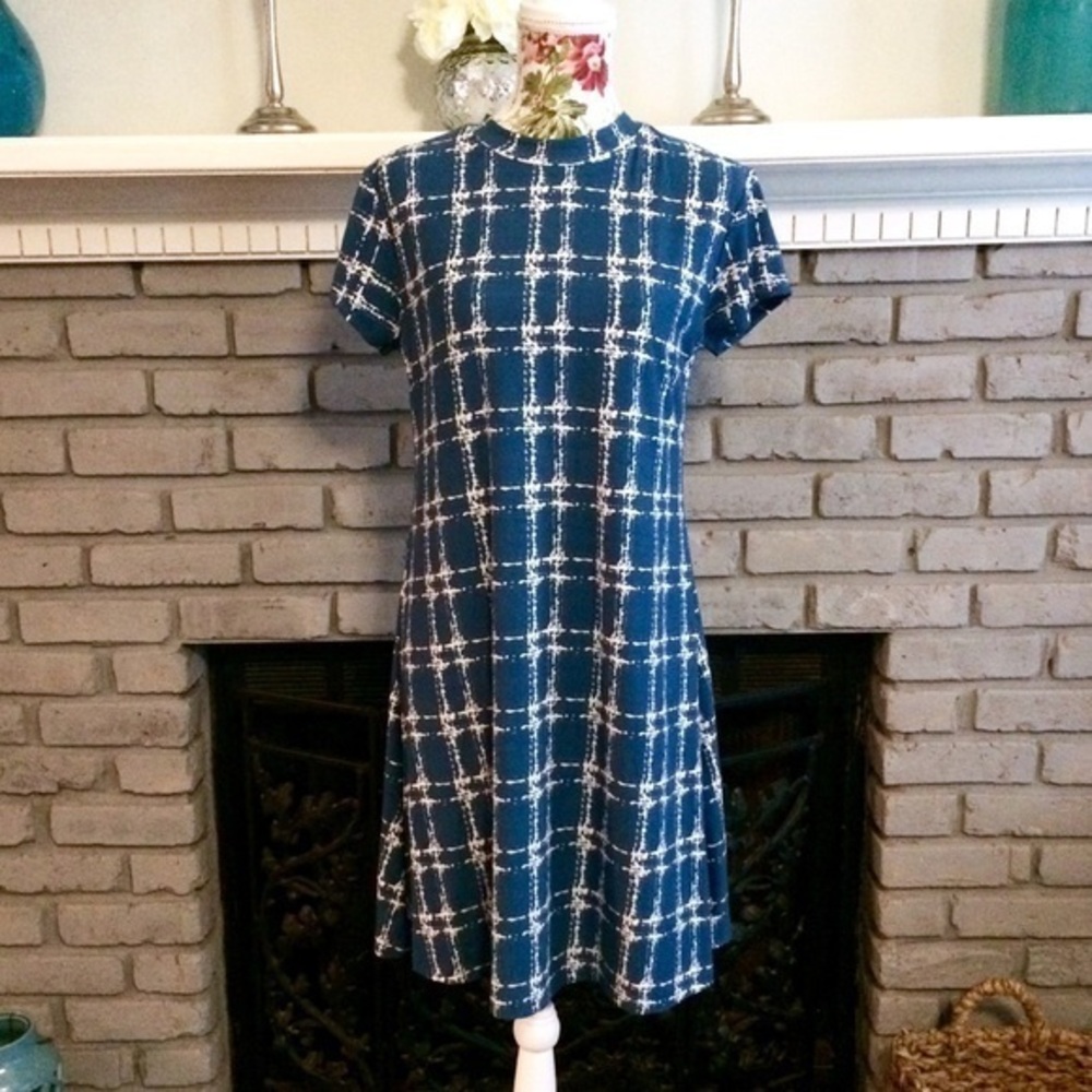 Teal Blue Green Abstract Grid Swing T-Shirt Swing Dress Jon & Anna Size Medium